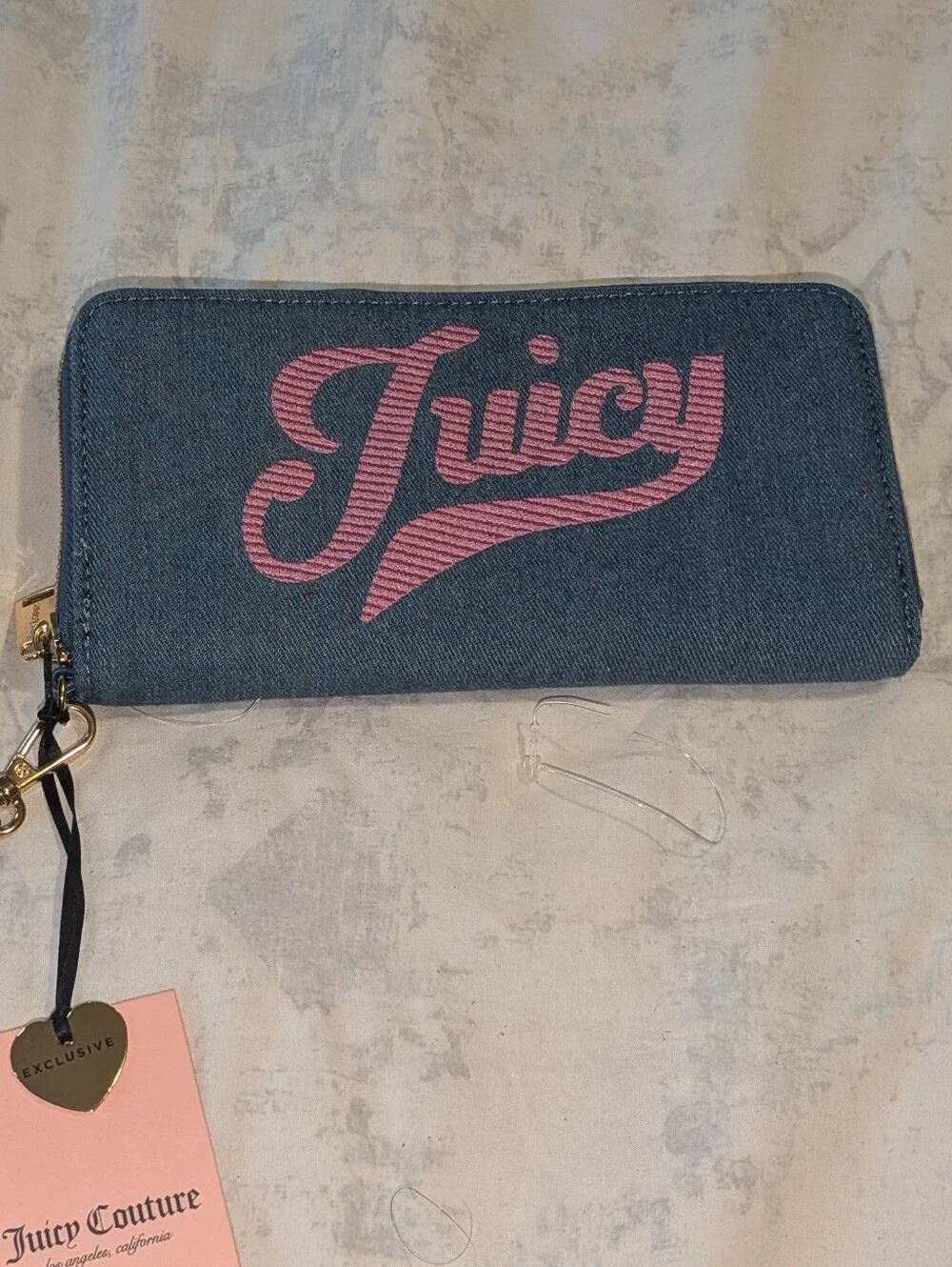 Juicy Couture Denim Zip Wallet with Pink Logo
